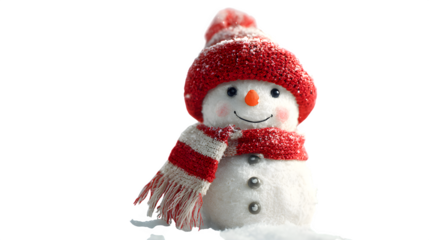 Smiling snowman in red hat and scarf surrounded by snowflakes isolated on white background