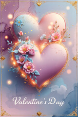 romantic valentine&rsquo;s day postcard design, soft pastel color palette, elegant heart motifs, delicate floral elements, subtle lace patterns, glowing warm highlights, vintage-inspired decorative frame, w