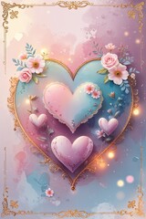 romantic valentine&rsquo;s day postcard design, soft pastel color palette, elegant heart motifs, delicate floral elements, subtle lace patterns, glowing warm highlights, vintage-inspired decorative frame, w
