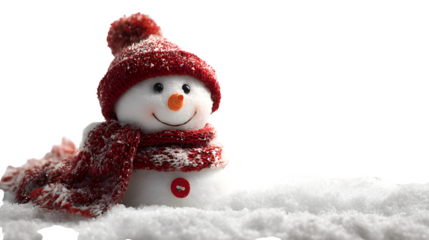 Smiling snowman in red hat and scarf surrounded by snowflakes isolated on white background
