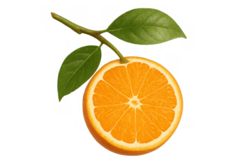 Orange slice with green leaves and a stem, presenting healthy fresh citrus fruit, a source of vitamin c. Transparent background