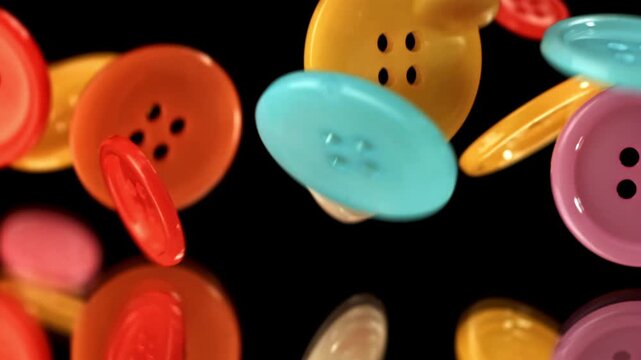 Multi-colored sewing buttons fall on the table. Filmed on a high-speed camera at 1000 fps. High quality FullHD footage