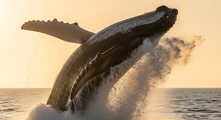Humpback whale breaching the ocean surface at sunset.