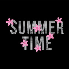 Decorative “Summer Time” typography made of circular dot patterns with bright pink tropical flowers on a black background. Fresh, fun, and stylish design for summer fashion and graphics.
