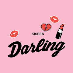 Cute pop art illustration featuring the word “Darling” with lipstick, kiss marks, and a broken heart on a pink background. Playful romantic design for fashion, t-shirts, stickers, and print.
