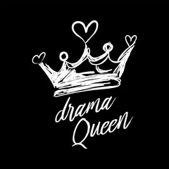 Hand-drawn crown sketch with playful heart details and the phrase “Drama Queen” in stylish typography on a black background. Bold, expressive design for fashion, t-shirts, stickers, and print.

