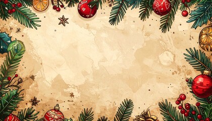 Bright red ornaments and green pine leaves create a festive border on a light brown background during the holiday season