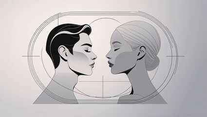 abstract fashion-style valentine&rsquo;s day postcard featuring layered silhouettes of a man and a woman combined with geometric shapes, torn paper textures and soft gradients