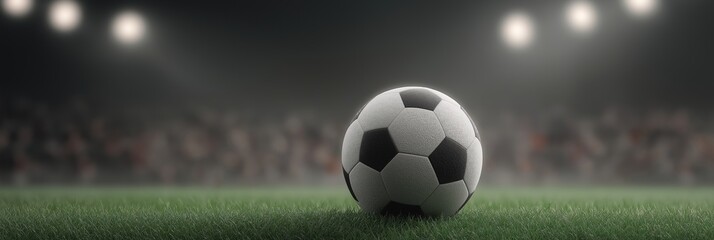 Naklejka premium Classic soccer ball on green grass field at night under bright stadium lights, ready for match