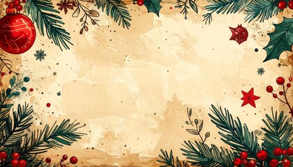 Holiday decorations with pine branches, berries, and ornaments on a blank background for seasonal greetings or messages