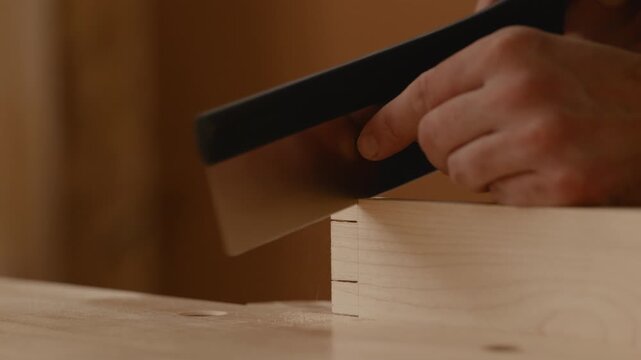 A skilled artisan uses a hand saw to create precise wood joints in a well-lit workshop. The focus is on craftsmanship and technique during the woodworking process.