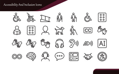 Accessibility & Inclusion Line Icons | Disability, Handicap, Braille, Sign Language Vector Set