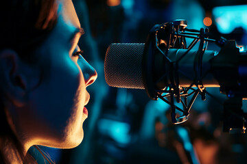 Professional sound engineer adjusting audio mixer in music production studio with vibrant neon lights generative ai