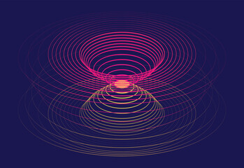 Vibrant Abstract Concentric Waves Pattern with Pink and Yellow Lines on Dark Blue, Modern Digital Art of Converging Ripples and Energy Fields