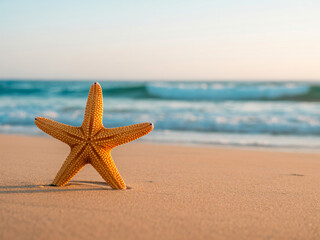 Golden starfish resting peacefully on soft beach sand with serene ocean backdrop, perfect for summer vacation promotions and coastal lifestyle branding