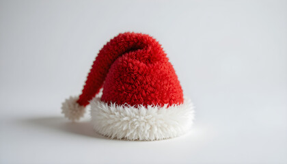 Mini Santa hat on white background, fluffy fabric, high-quality texture