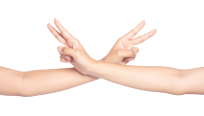Two crossed hands making the victory or peace sign gesture isolated on a white background