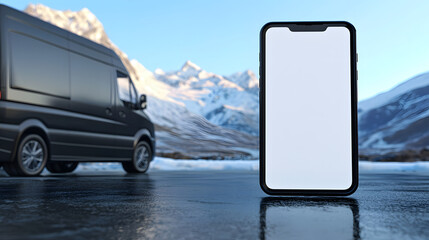 A smartphone with a white screen mockup stands next to a black delivery van against a backdrop of snow-capped mountains – a creative concept for fast delivery