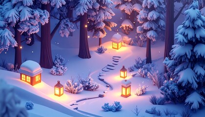 Snowy path with lanterns near houses in a forest during winter evening hours