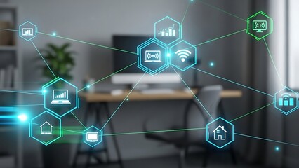 Smart home automation network connecting devices seamlessly in a modern office, showcasing IOT connectivity and a futuristic lifestyle with style and elegance