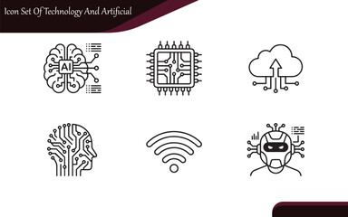 Artificial Intelligence (AI) & Technology Line Icons: Digital Brain, CPU Chip, Cloud Computing, and Robotics Set