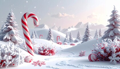 Winter landscape with snow-covered hills and candy canes in a bright outdoor scene during daylight hours