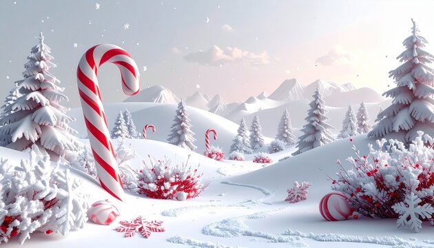 Winter landscape with snow-covered hills and candy canes in a bright outdoor scene during daylight hours