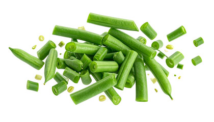 A dynamic pile of freshly chopped green bean pieces scattered and isolated on a white background