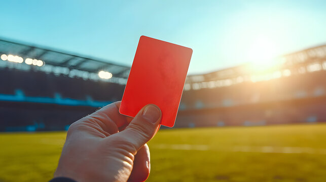 Red card in the hand of a referee against a football stadium backdrop - Powered by Adobe