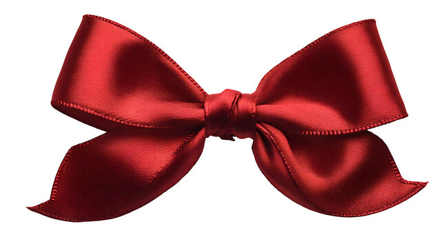 Red satin ribbon bow with curled edges isolated on white background