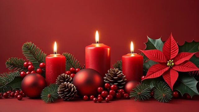 velas navide&ntilde;as encendidas rodeadas de ramas de pino, acebo, esferas rojas y flores de pascua, todo sobre un fondo rojo c&aacute;lido y festivo.