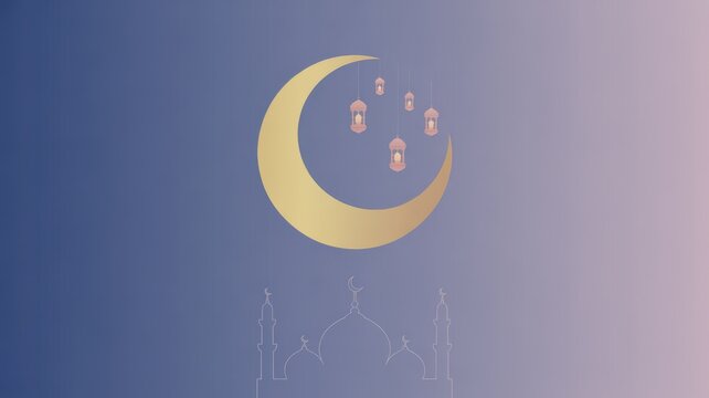 Illustration of golden crescent moon with traditional lanterns and mosque - Powered by Adobe
