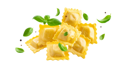 A delicious pile of fresh raw ravioli pasta with flying basil leaves isolated on a transparent background