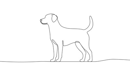 Continuous one line drawing of a dog standing in profile. Drawing of a domestic animal with editable black stroke on white background. Vector illustration.