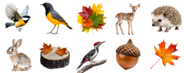 Set of forest animals and objects isolated on transparent PNG background: bird, deer, hedgehog, autumn leaves, stump, woodpecker, acorn, rabbit