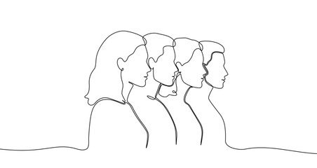 Continuous one line drawing of four human face profiles. Drawing of a team or crowd with editable black stroke on white background. Vector illustration.