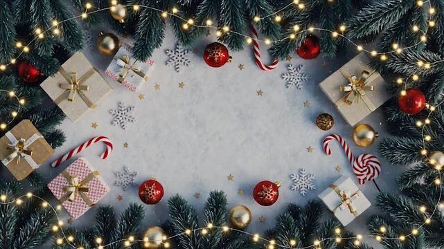 composici&oacute;n navide&ntilde;a vista desde arriba, con regalos envueltos, bolas rojas y doradas, caramelos rayados, copos de nieve, ramas de pino iluminadas y peque&ntilde;as estrellas, todo rodeando un espacio centra