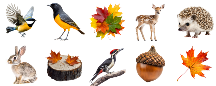 Set of forest animals and objects isolated on transparent PNG background: bird, deer, hedgehog, autumn leaves, stump, woodpecker, acorn, rabbit