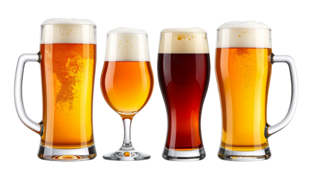 A Collection of Four Unique Beers Variety, Color, and Texture in Transparent Glasses
