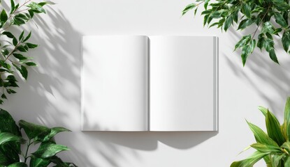 Open book mockup with leafy foliage shadows