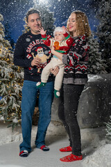 Happy family Christmas portrait in snowy winter setting. Mother and father wearing festive holiday sweaters stand together holding baby dressed in a Santa hat and Christmas outfit