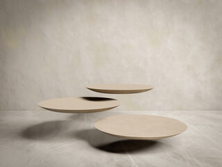 3D Floating Beige Podiums Mockup on Marble Floor, Minimalist Product Display Stage in Neutral Earth Tone