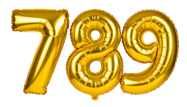 Golden foil number balloons 789 for a festive celebration or party isolated on white