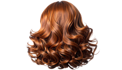 Vibrant reddish-brown wavy hairpiece for stylish transformations and fashion versatility on white background
