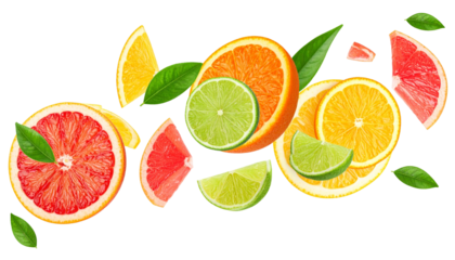 Dynamic Arrangement of Bright Citrus Fruits with Fresh Slices and Vibrant Green Leaves Isolated on White