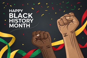 Happy Black History Month Celebration With Raised Fists, Confetti, And Colorful Ribbons

