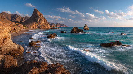 Aerial view of a rocky coastline with turquoise water and mountains under a cloudy sky at daytime