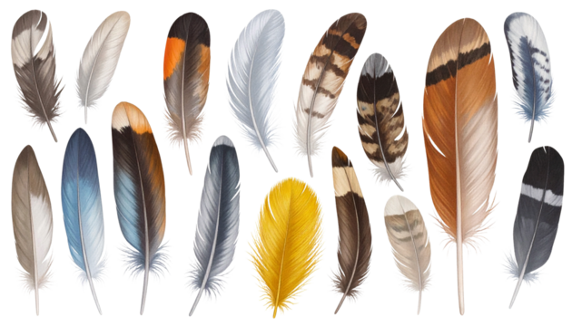 A Collection of Beautifully Detailed Bird Feathers in Various Colors and Patterns