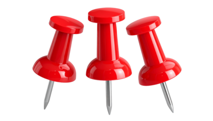 Three vibrant red plastic pushpins arranged closely together, isolated on a clean white background