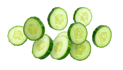 Fresh vibrant green cucumber slices dynamically levitating in air, perfectly isolated on a crisp white background, highlighting their natural texture and healthy appeal